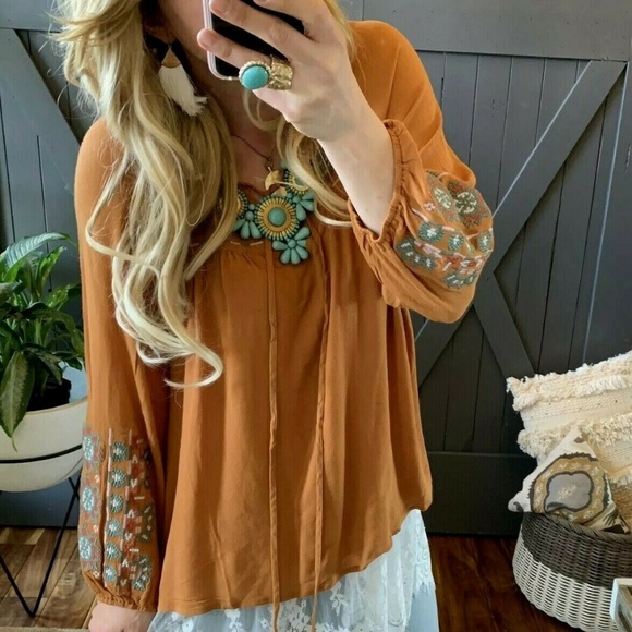 Plus Size Embroidered Long Sleeve Mustard Blouse - Picture 6 of 8